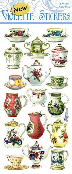 an assortment of teapots and saucers are shown in this image, with different designs on them