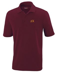 Delta Chi Performance Dry Fit Style Polo Embroidered with Greek Letters on the left chest. Comfortable 100% polyester pique. Flat Knit Collar. 3 button Polo.  Moisture wicking, antimicrobial, and UV protection performance.  Customize Your Polo by selecting the color of the polo and color of the embroidered thread. Alpha Kappa Psi, Tau Kappa Epsilon, Theta Chi, Pi Kappa Alpha, Lambda Chi Alpha, Kappa Kappa Psi, Delta Chi, Corporate Uniforms, Sigma Kappa