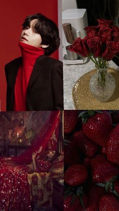 the collage shows red roses in a vase, and two photos of strawberries on a table