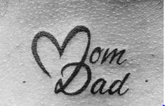 the word mom dad written in black ink on a white paper with an image of a heart