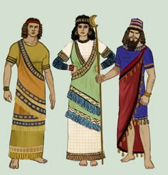 three men dressed in ancient clothing standing next to each other