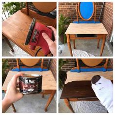 four pictures showing how to paint a wooden table