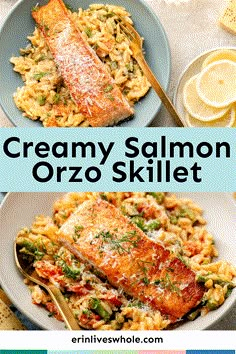 creamy salmon orzo skillet with lemons and parmesan cheese on the side