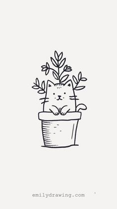 a black and white drawing of a cat in a pot