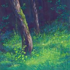 an oil painting of trees and grass in the woods