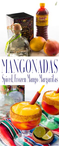 the cover of mangoada's spiced frozen mango margaritas is shown with ingredients