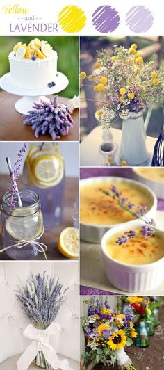 a collage of different pictures with flowers and lavenders in vases, lemonade, cake