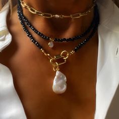 Black Crystal Beads Paired with Natural Baroque Pearl Pendant Necklace For Women Fashion Daily Moonstone Teardrop Necklace, Baroque Pearl Pendant, Black Onyx Necklace, Baroque Pearl Necklace, Onyx Necklace, Pearl Pendant Necklace, Black Crystals, Baroque Pearls, Pearl Pendant