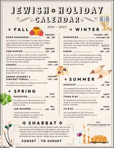 the jewish holiday calendar is on display in this poster, which features an image of food and drinks