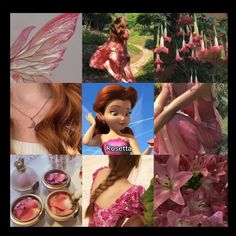 the collage has pink flowers and tinkerbells