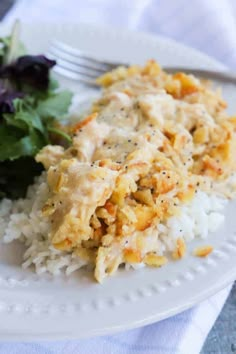 a white plate topped with rice covered in gravy next to a green salad