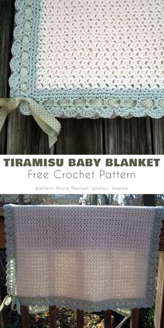 two crocheted baby blankets sitting on top of a wooden bench next to each other