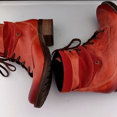 A Pair Of New Unworn Dromedaris Kara Lace-Up Booties In Red Leather And Suede - Made In Portugal. With Ridged-Rubber Soles And Rubber Block Heels And Lined With Soft Faux-Fur. In Size 41 A Us 10.5-11. Heel 1.5" Width 4" Height 8" Length Measured Against Wall W Tape Underneath 11.5" Retail Is $230 Lace Up Booties, Comfortable Boots, Suede Lace, Lace Up Boots, Red Leather, Block Heels, Faux Fur, Portugal, Size 10