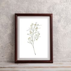 a framed print of a flower on a wall next to a wooden frame with a white background