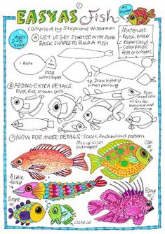 an easy fish activity sheet for kids to learn how to draw and paint with colored pencils