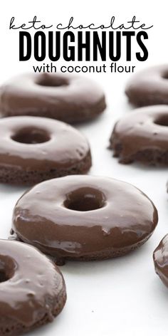 chocolate covered doughnuts with coconut flour on a white surface and text overlay