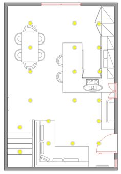 the floor plan for a small kitchen and living room, with yellow dots on the walls