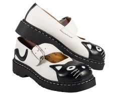 The Original T.U.K. Kitty Mary Jane. White and Black Leather, a Silver Metal Buckle, and a 1 1/2 inch Heel. Cat Flats, Lady Shoes, Cat Shoes, Mary Jane Flats, Shoes Outlet, Dream Shoes, Mary Jane Shoes, Creepers, Cat Lady