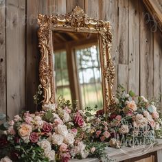 an ornate gold framed mirror sitting on top of a mantle filled with pink and white flowers