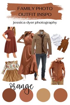 the family photo outfit inspo is shown in brown and tan tones, including an orange dress