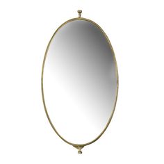 an oval mirror with a gold frame on the top and bottom edge, against a white background