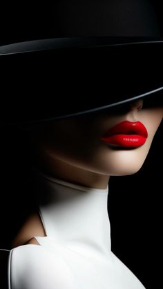 a woman with red lips and black hat on her head, in the dark background