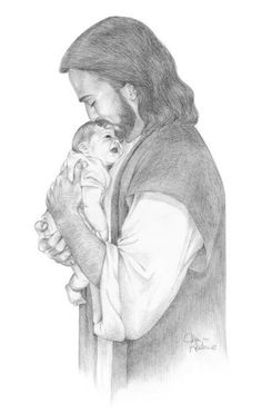 a pencil drawing of jesus holding a baby in his arms and looking down at the ground