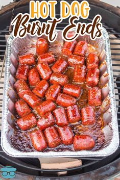 hot dog burnt ends on the grill with text overlay