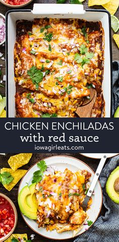 chicken enchiladas with red sauce, avocado and cilantro