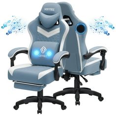 a blue and white gaming chair sitting on top of a desk