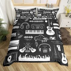 black and white music themed bedding set with guitar, piano, drums, headphones