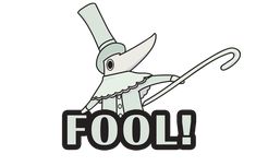 a cartoon bird with an umbrella and the word fool written in black on a white background