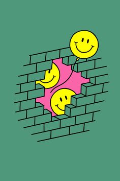 two yellow smiley faces peeking out from behind a brick wall with pink and green background