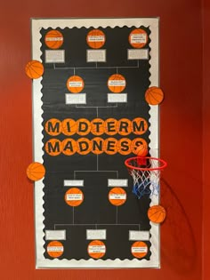 a bulletin board with basketballs on it and the words modern madness written in orange