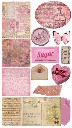 the collage is made up of pink and white papers, stamps, and other items