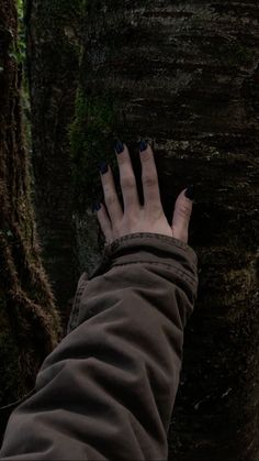 a person with their hand on a tree trunk