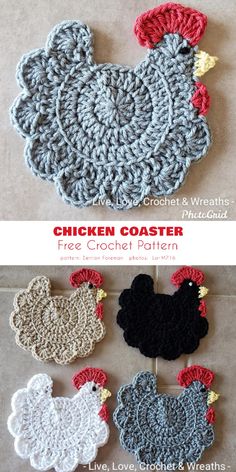 crocheted chicken coasters are shown in three different colors and sizes, with the words chicken coaster free crochet pattern