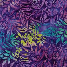 an abstract painting of purple and green leaves on a purple background with yellow, blue, and pink colors