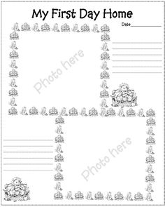 the first day home worksheet is shown in black and white, with an image of