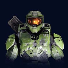 an image of a green robot that is in the middle of a dark background with yellow eyes