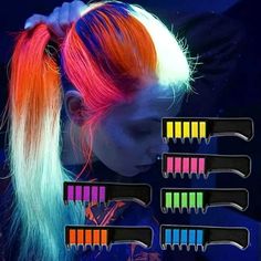 Amazing Luminous Effect:The fluorescent temporary hair chalk present vivid colors under natural light, after we use these hair chalk paint, the hair can glow spectacularly under black light, but they cannot glow in the dark directly. This is an unparalleled beauty and fun, and your peak moment to show your style at the party! Washable Hair Color, Light Girls, Hair Chalk, Temporary Hair Color, Cosplay Diy, Children's Day, Hair Dye Colors, Child Day, Black Light