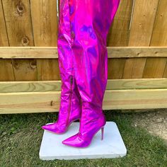 New, Never Worn Cape Robbin Hot Pink Glossy Metallic Thigh High Boots Pointy Toe 5" (Approx) Stiletto Heels Inside Zipper For Easy On & Off Definitely Will Turn Heads Measurement Are On A Size 7 (Increase As Size Goes Up) Monitor Settings May Vary Metallic Thigh High Boots, Cheetah Boots, Above Knee Boots, Velvet High Heels, Blue Boots, Pink Metallic, Chunky High Heels, Cowboy Boots Women, Boots Knee