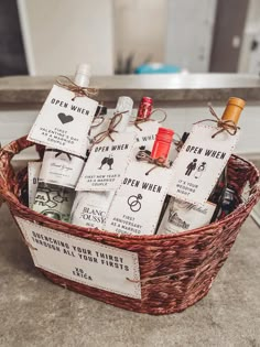 a wicker basket filled with wine bottles