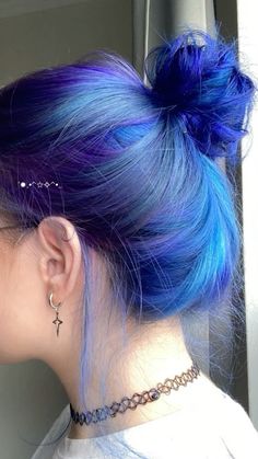 blue hair Brown Roots Blue Hair, Lilac And Blue Hair, Half Purple Half Blue Hair, Blue Hair With Purple Highlights, Purple And Blue Hair Color Ideas, Dyed Grey Hair, Violet Blue Hair, Blue Hair Inspiration