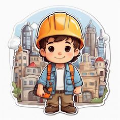 a little boy wearing a hard hat and holding a construction tool in front of a cityscape