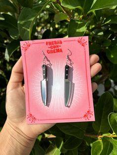 Silver mirrored knife earrings with black matte acrylic handle. Perfect for someone who loves to cook or a thriller/horror fan! Stainless steel silver hooks. Lightweight and made with laser cut acrylic. Update Wardrobe, Acrylic Earrings Laser Cut, Knife Earrings, Laser Cut Jewelry Acrylic, Crazy Earrings, Laser Projects, Paracord Beads, Laser Cut Jewelry, Earrings Acrylic