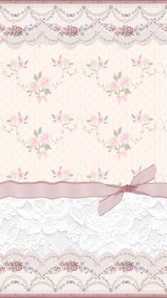 a pink and white lace border with flowers on it's side, along with a bow