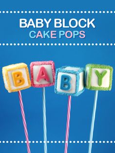 baby block cake pops with the words baby on them