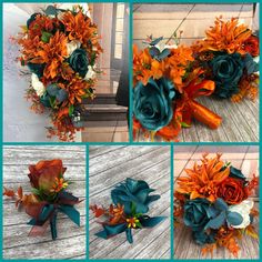 four different pictures of flowers and ribbons on a wooden floor, including oranges and blue