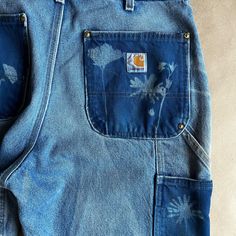 These Perfectly Distressed Carhartt Denim Jeans With Double Knees Have Been Printed With Cyanotype And Ready To Rock Your World In Style. Cyanotype Pants, Carhartt Jeans, Carhartt Pants, Carhartt Women, Vintage Carhartt, Wearable Art, Pant Jumpsuit, Denim Jeans, Wide Leg